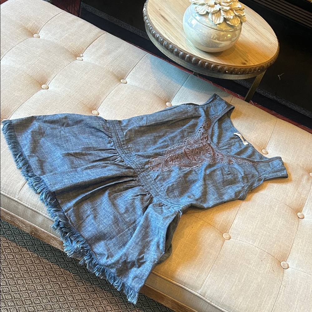 Of Two Minds 100% Linen Faux Denim Distressed Mini Dress Size P
